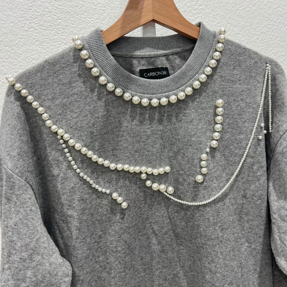 Carbon38 Pearl Sweatshirt Women's‎ XS Embellished Beaded Gray Statement Piece